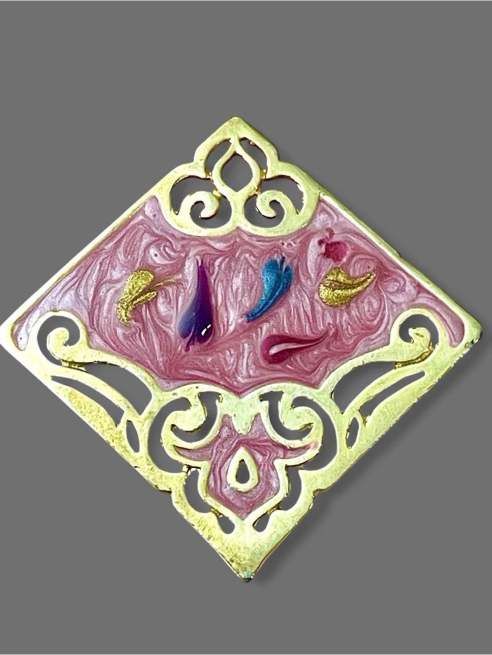 Vintage Pink & Gold Enamel Brooch Pin Openwork Scrollwork Art Nouveau Abstract
